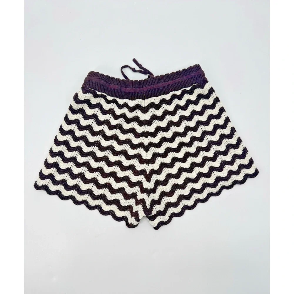 ME+EM Stripe Scallop Knit Shorts Cotton Crochet Small Drawstring Beach Boho Fest - Picture 2 of 12